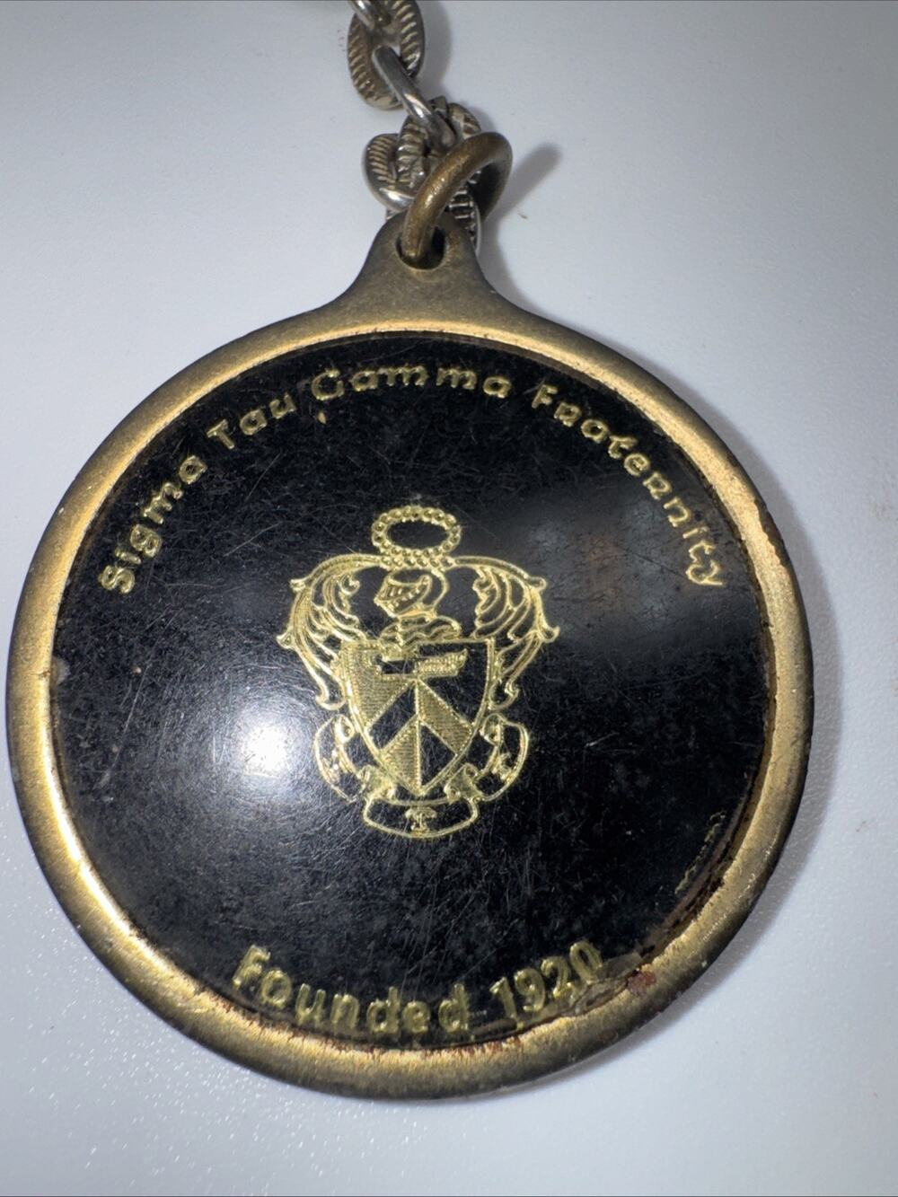 Vintage Sigma Tau Gamma Fraternity Keychain Brass Tone Crest Founded 1920